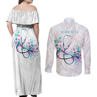 New Zealand Nurses RN Personalised Couples Matching Off Shoulder Maxi Dress and Long Sleeve Button Shirt Stethoscope Floral Maori Motif