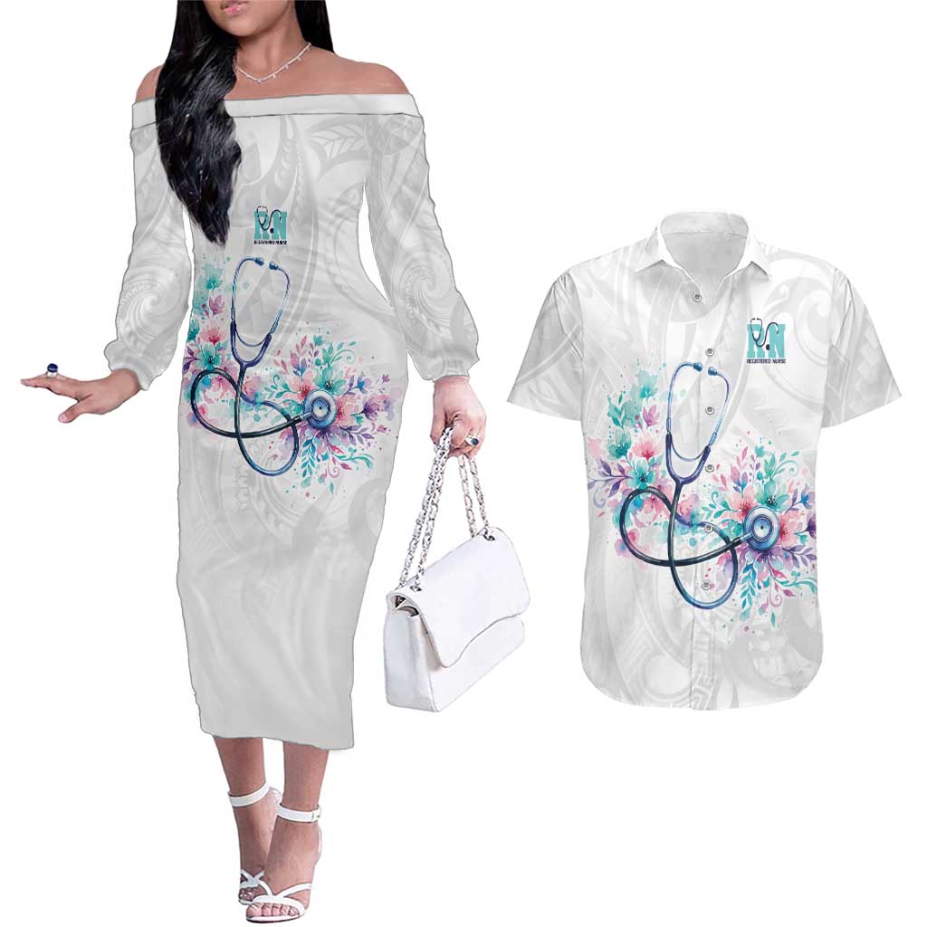 New Zealand Nurses RN Personalised Couples Matching Off The Shoulder Long Sleeve Dress and Hawaiian Shirt Stethoscope Floral Maori Motif LT9 White - Polynesian Pride