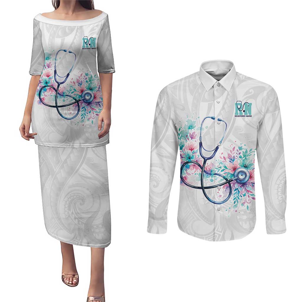 New Zealand Nurses RN Personalised Couples Matching Puletasi and Long Sleeve Button Shirt Stethoscope Floral Maori Motif