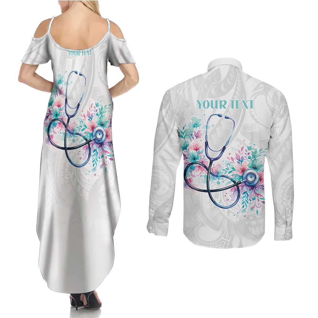 New Zealand Nurses RN Personalised Couples Matching Summer Maxi Dress and Long Sleeve Button Shirt Stethoscope Floral Maori Motif