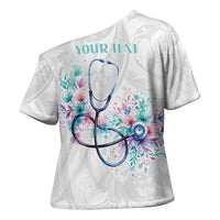 New Zealand Nurses RN Personalised Cross Shoulder Shirt Stethoscope Floral Maori Motif