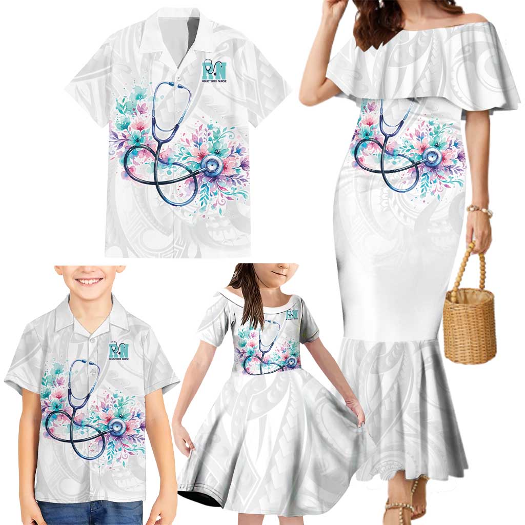 New Zealand Nurses RN Personalised Family Matching Mermaid Dress and Hawaiian Shirt Stethoscope Floral Maori Motif