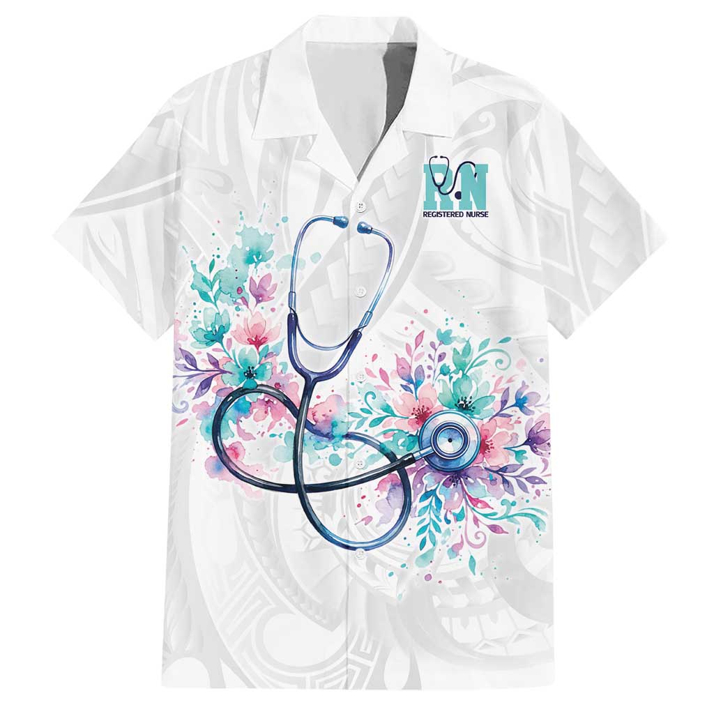 New Zealand Nurses RN Personalised Hawaiian Shirt Stethoscope Floral Maori Motif LT9 White - Polynesian Pride