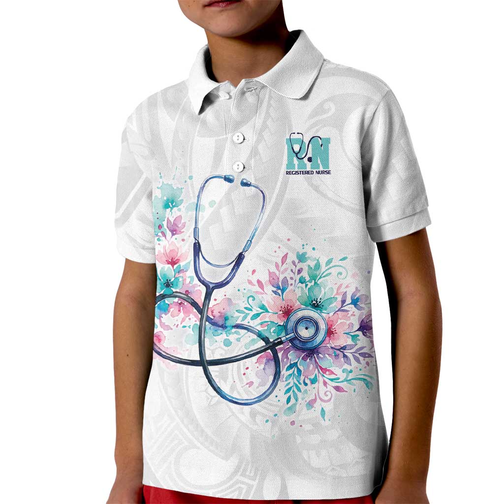 New Zealand Nurses RN Personalised Kid Polo Shirt Stethoscope Floral Maori Motif LT9 Kid White - Polynesian Pride