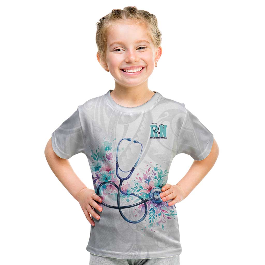 New Zealand Nurses RN Personalised Kid T Shirt Stethoscope Floral Maori Motif LT9 White - Polynesian Pride