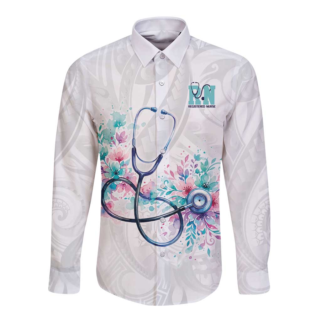 New Zealand Nurses RN Personalised Long Sleeve Button Shirt Stethoscope Floral Maori Motif LT9 Unisex White - Polynesian Pride