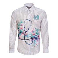 New Zealand Nurses RN Personalised Long Sleeve Button Shirt Stethoscope Floral Maori Motif LT9 Unisex White - Polynesian Pride