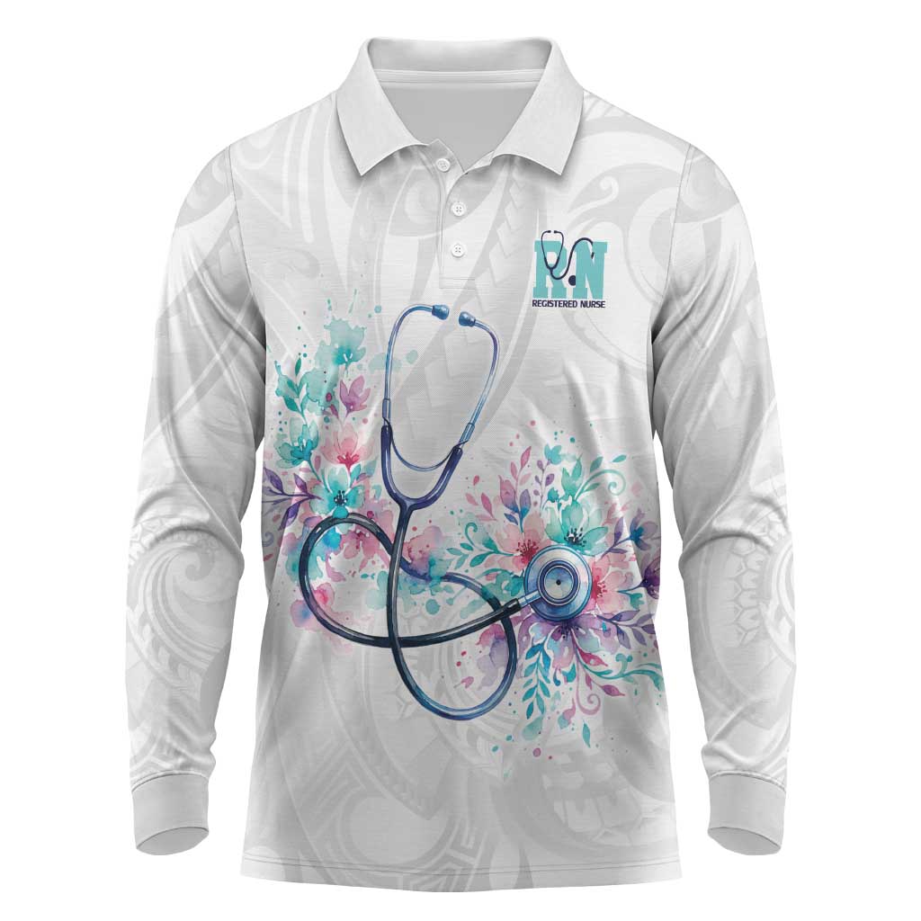 New Zealand Nurses RN Personalised Long Sleeve Polo Shirt Stethoscope Floral Maori Motif
