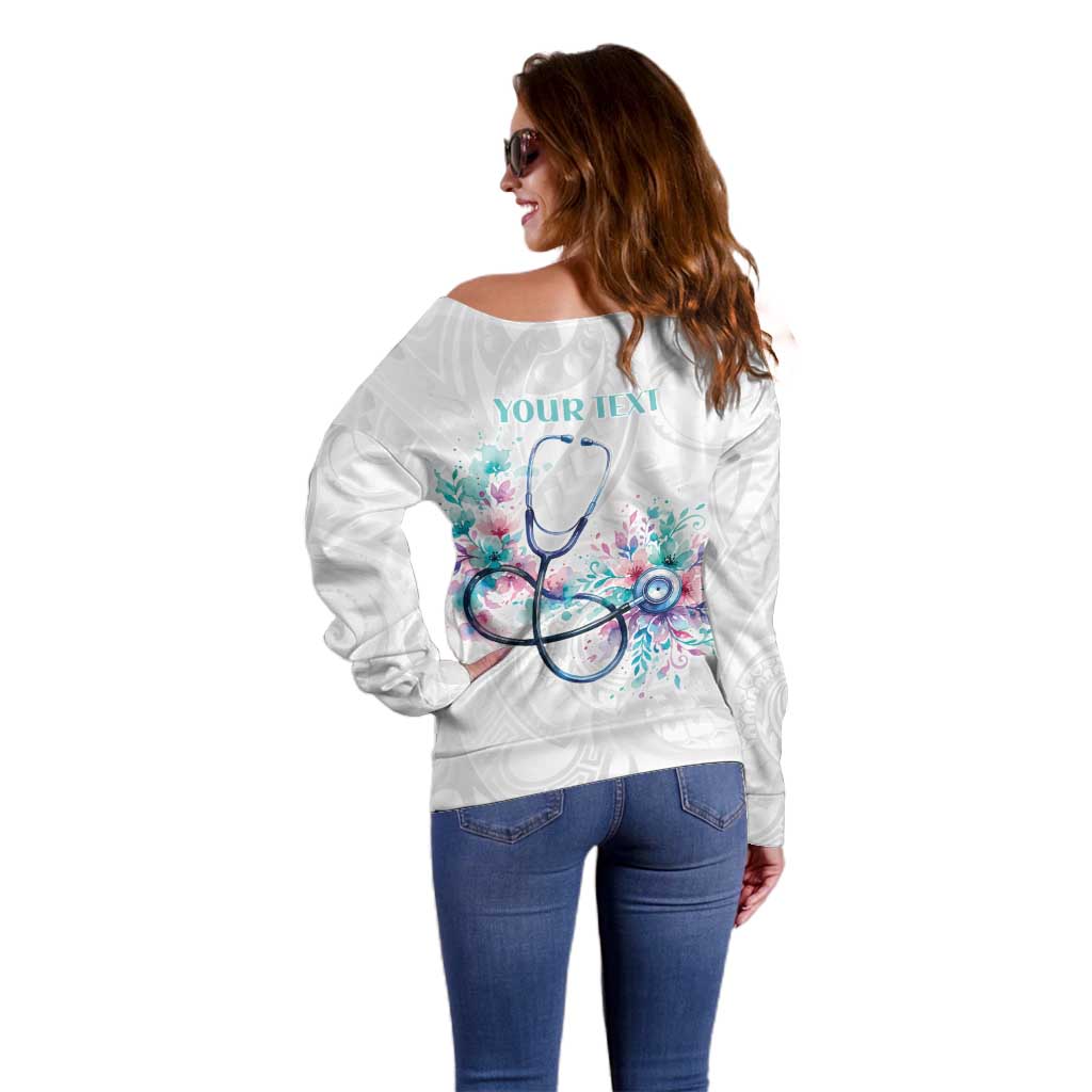 New Zealand Nurses RN Personalised Off Shoulder Sweater Stethoscope Floral Maori Motif LT9 - Polynesian Pride