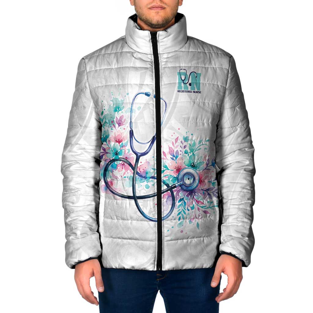 New Zealand Nurses RN Personalised Padded Jacket Stethoscope Floral Maori Motif LT9 Men White - Polynesian Pride