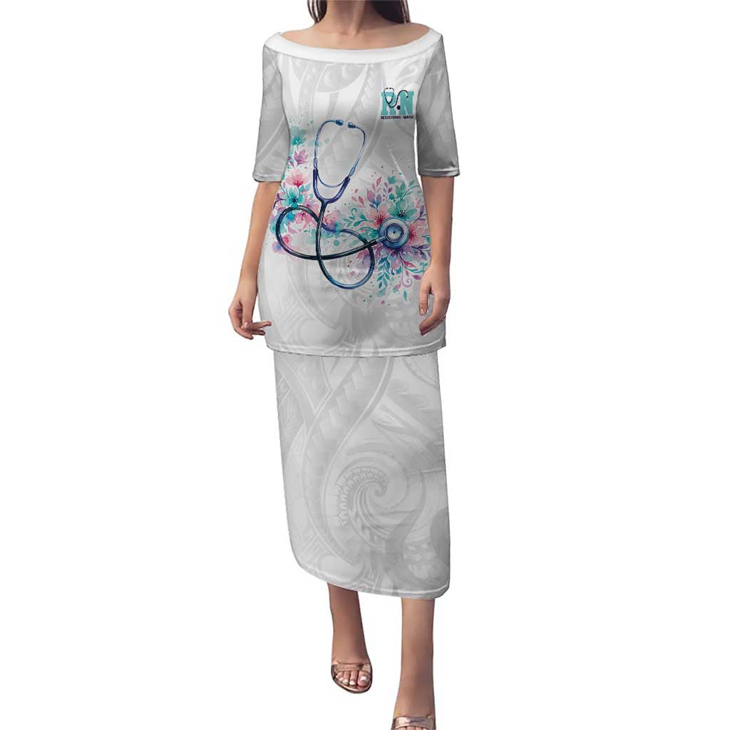 New Zealand Nurses RN Personalised Puletasi Stethoscope Floral Maori Motif LT9 Long Dress White - Polynesian Pride