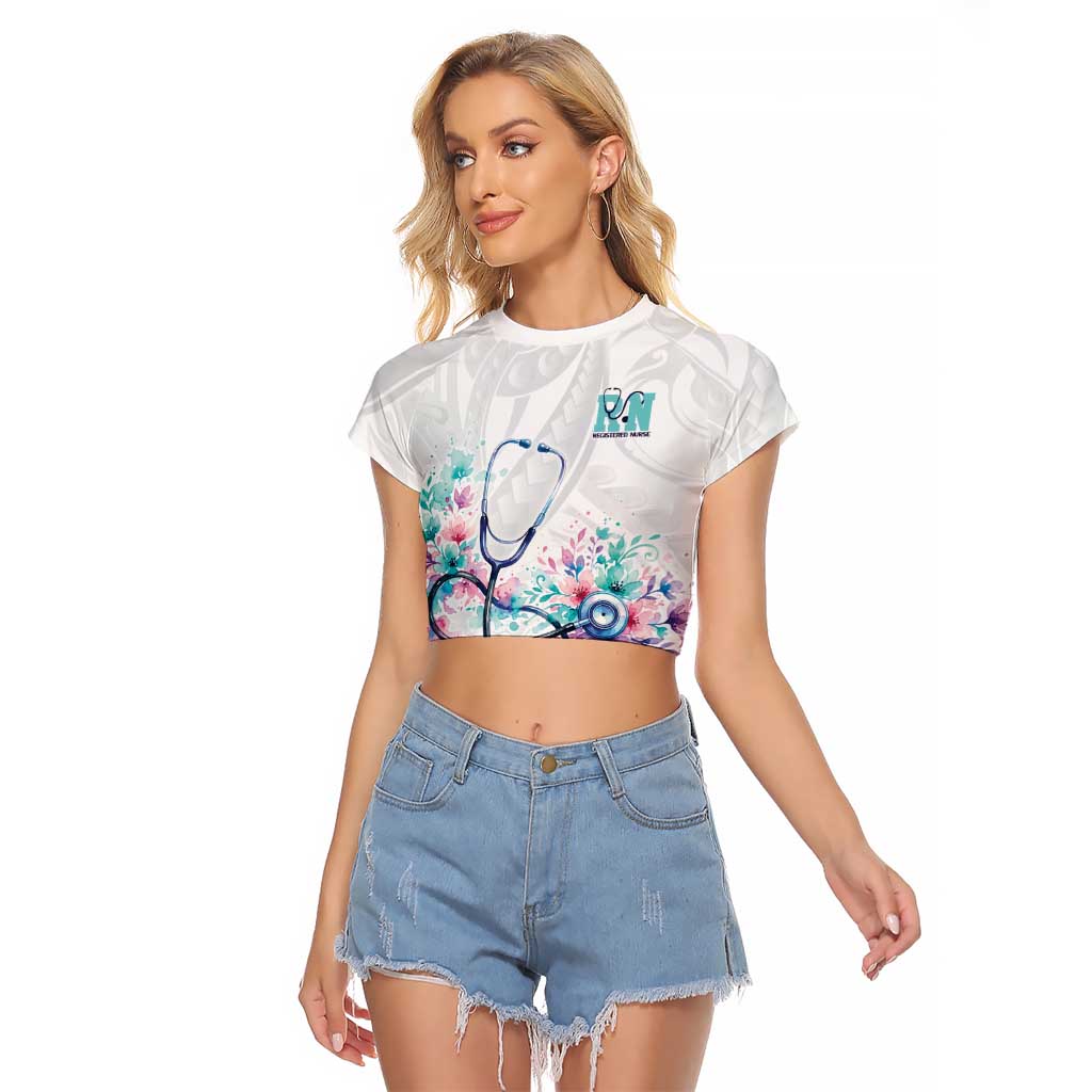 New Zealand Nurses RN Personalised Raglan Cropped T Shirt Stethoscope Floral Maori Motif LT9 Female White - Polynesian Pride