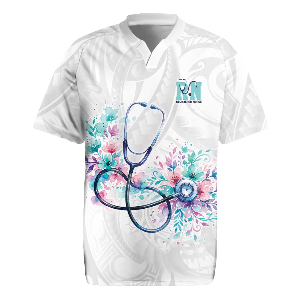 New Zealand Nurses RN Personalised Rugby Jersey Stethoscope Floral Maori Motif LT9 White - Polynesian Pride