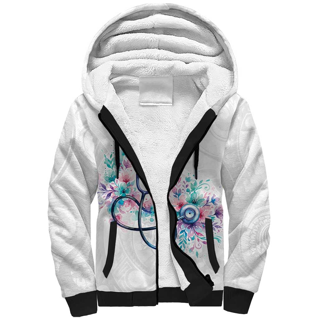 New Zealand Nurses RN Personalised Sherpa Hoodie Stethoscope Floral Maori Motif LT9 Unisex White - Polynesian Pride