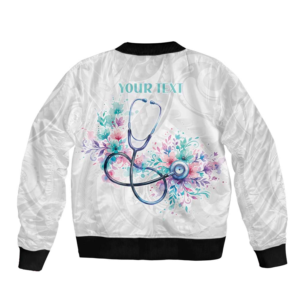 New Zealand Nurses RN Personalised Sleeve Zip Bomber Jacket Stethoscope Floral Maori Motif LT9 - Polynesian Pride