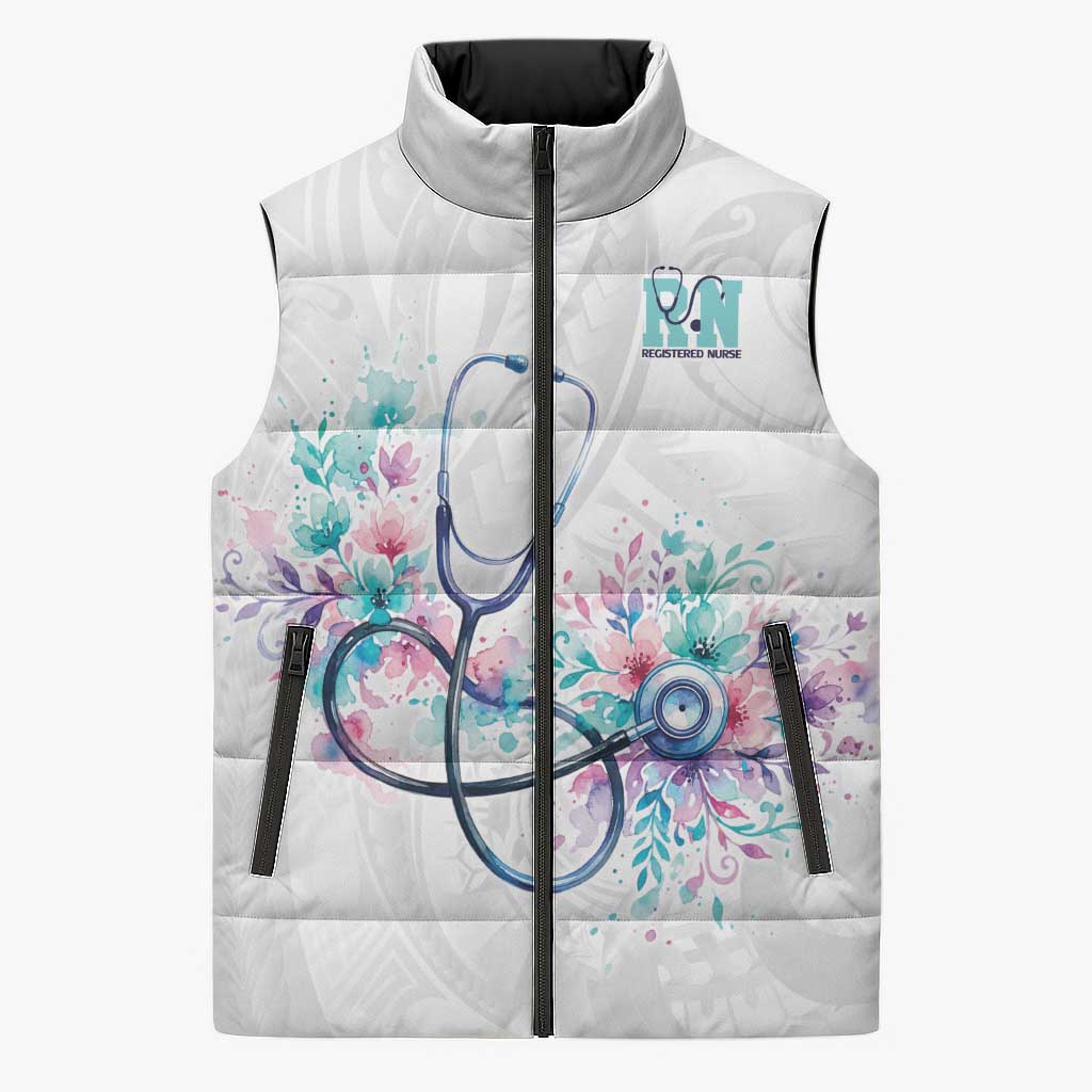 New Zealand Nurses RN Personalised Sleeveless Puffer Jacket Stethoscope Floral Maori Motif LT9 Unisex White - Polynesian Pride