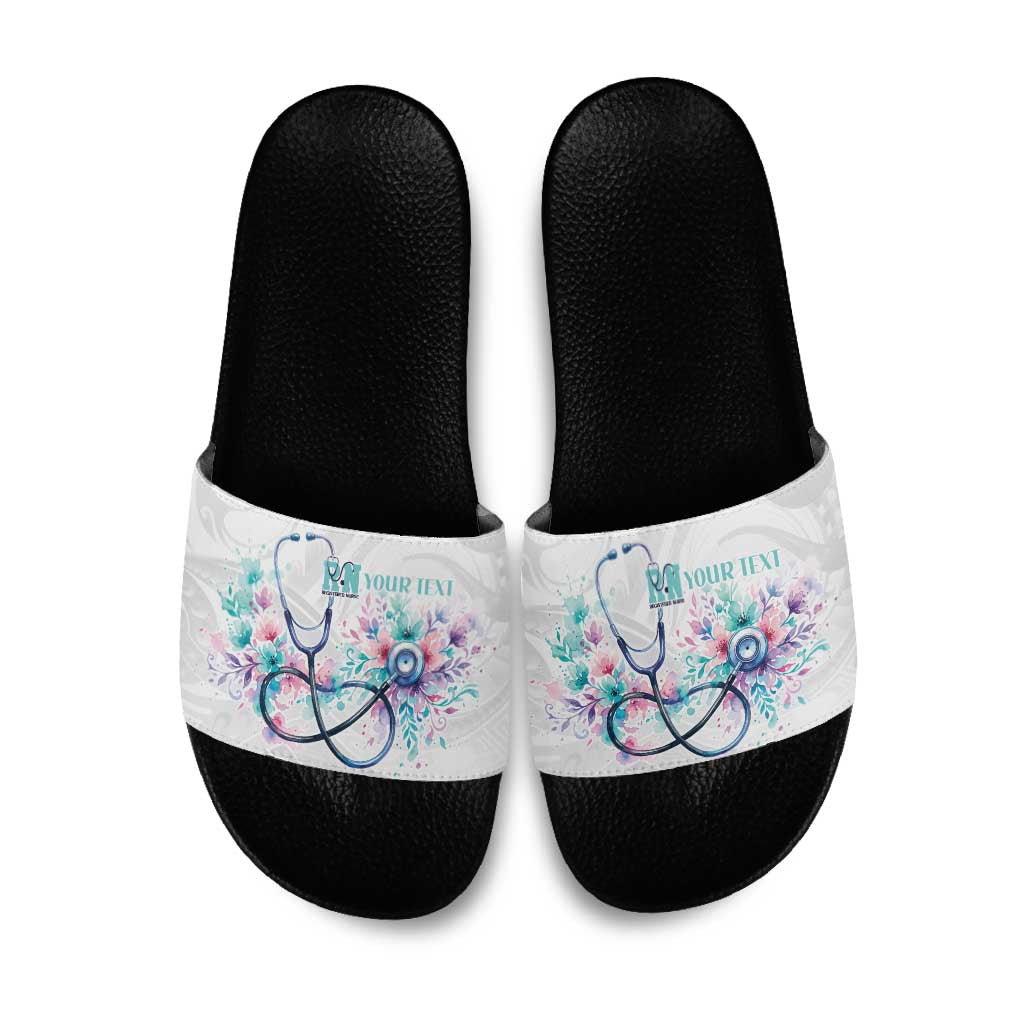 New Zealand Nurses RN Personalised Slide Sandals Stethoscope Floral Maori Motif LT9 White - Polynesian Pride