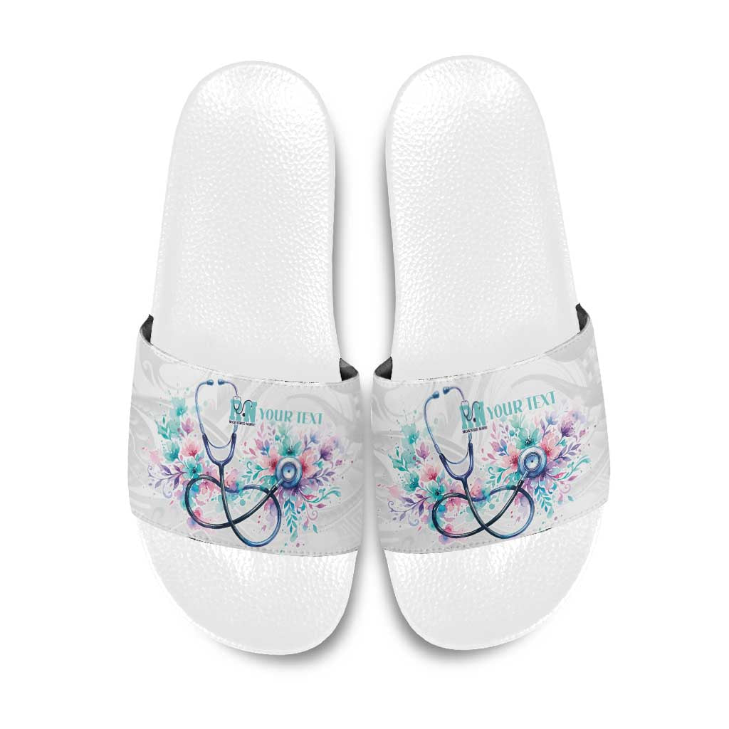 New Zealand Nurses RN Personalised Slide Sandals Stethoscope Floral Maori Motif LT9 White - Polynesian Pride