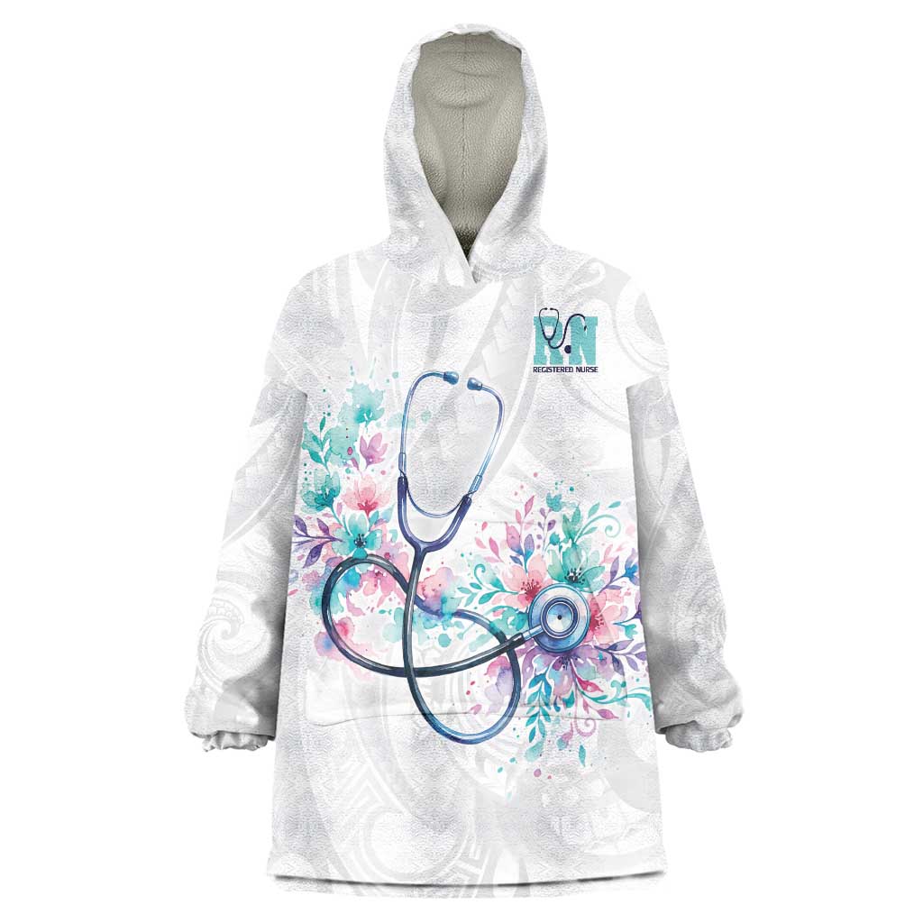 New Zealand Nurses RN Personalised Wearable Blanket Hoodie Stethoscope Floral Maori Motif LT9 One Size White - Polynesian Pride