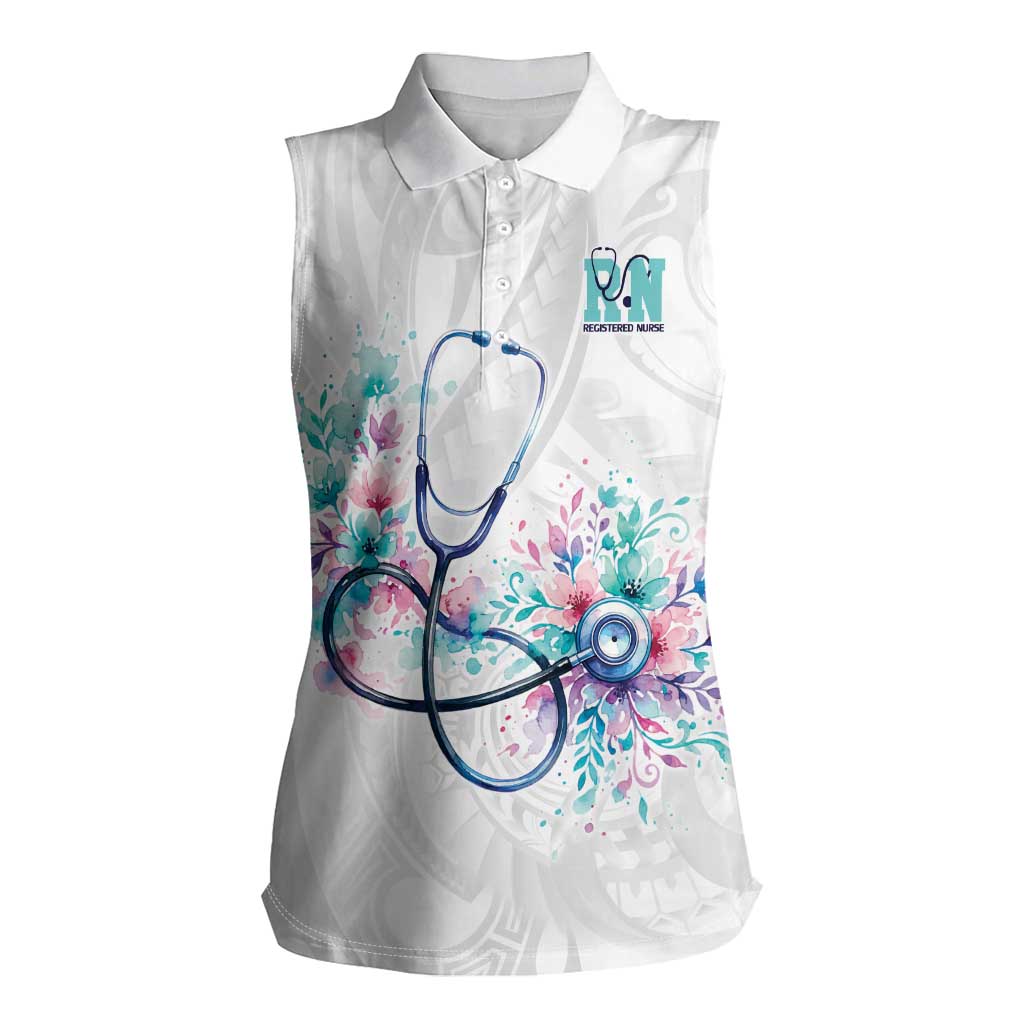 New Zealand Nurses RN Personalised Women Sleeveless Polo Shirt Stethoscope Floral Maori Motif LT9 Female White - Polynesian Pride