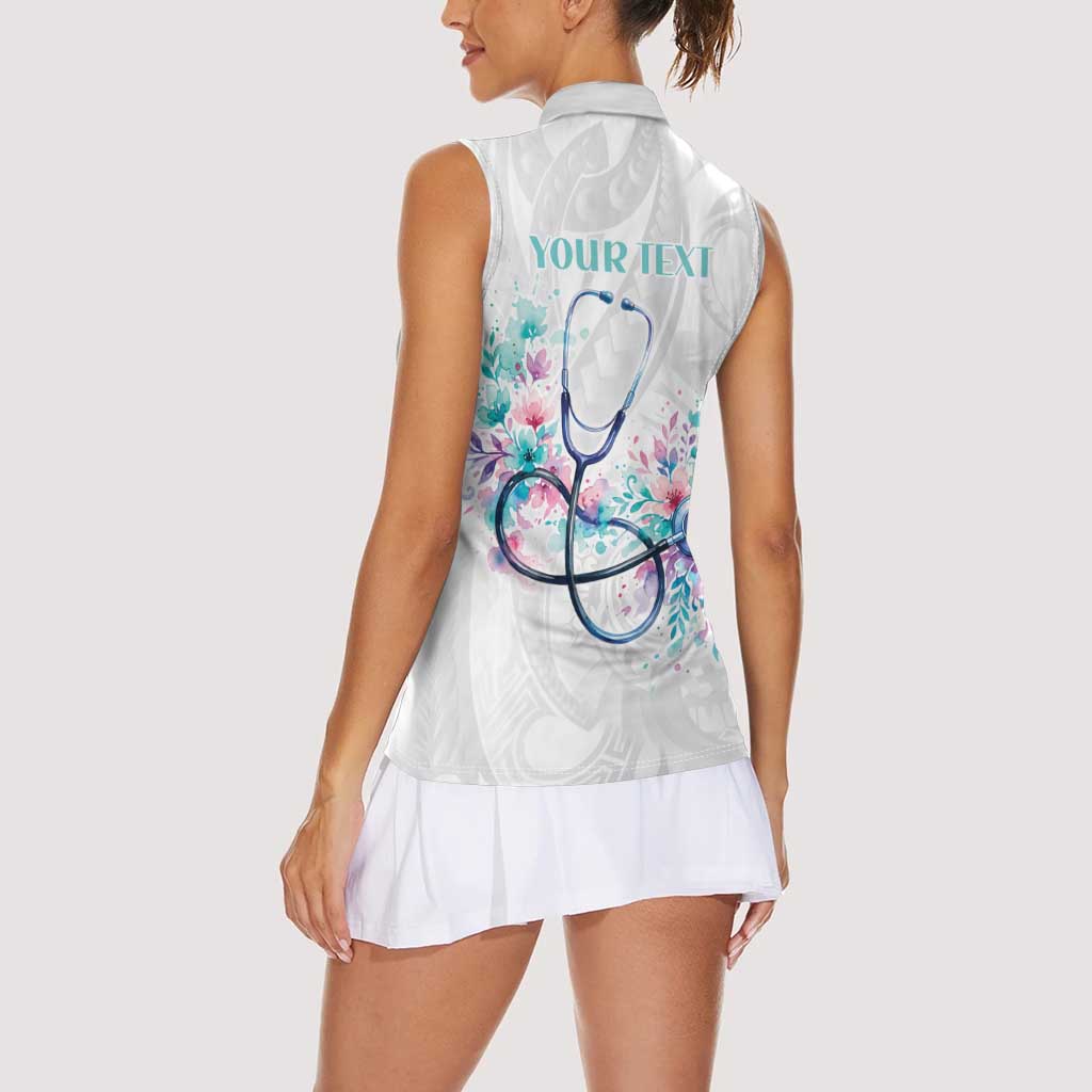 New Zealand Nurses RN Personalised Women Sleeveless Polo Shirt Stethoscope Floral Maori Motif