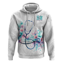 New Zealand Nurses RN Personalised Zip Hoodie Stethoscope Floral Maori Motif LT9 Pullover Hoodie White - Polynesian Pride