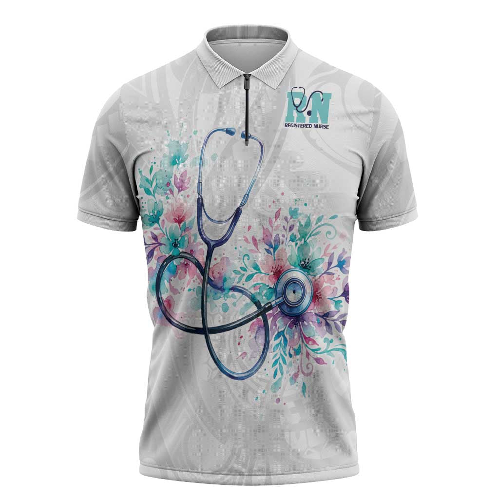 New Zealand Nurses RN Personalised Zipper Polo Shirt Stethoscope Floral Maori Motif LT9 White - Polynesian Pride