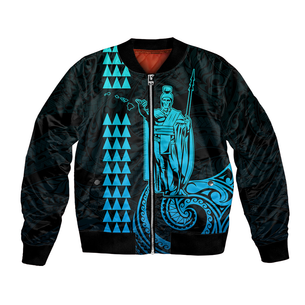 Custom Hawaii Bomber Jacket King Kamehameha - Aqua LT9 Unisex Aqua - Polynesian Pride