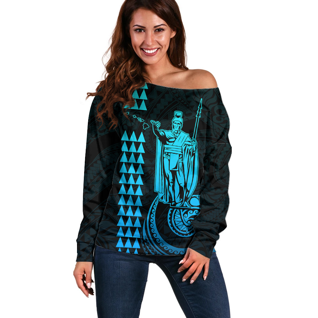 Custom Hawaii Off Shoulder Sweater King Kamehameha - Aqua LT9 Women Aqua - Polynesian Pride