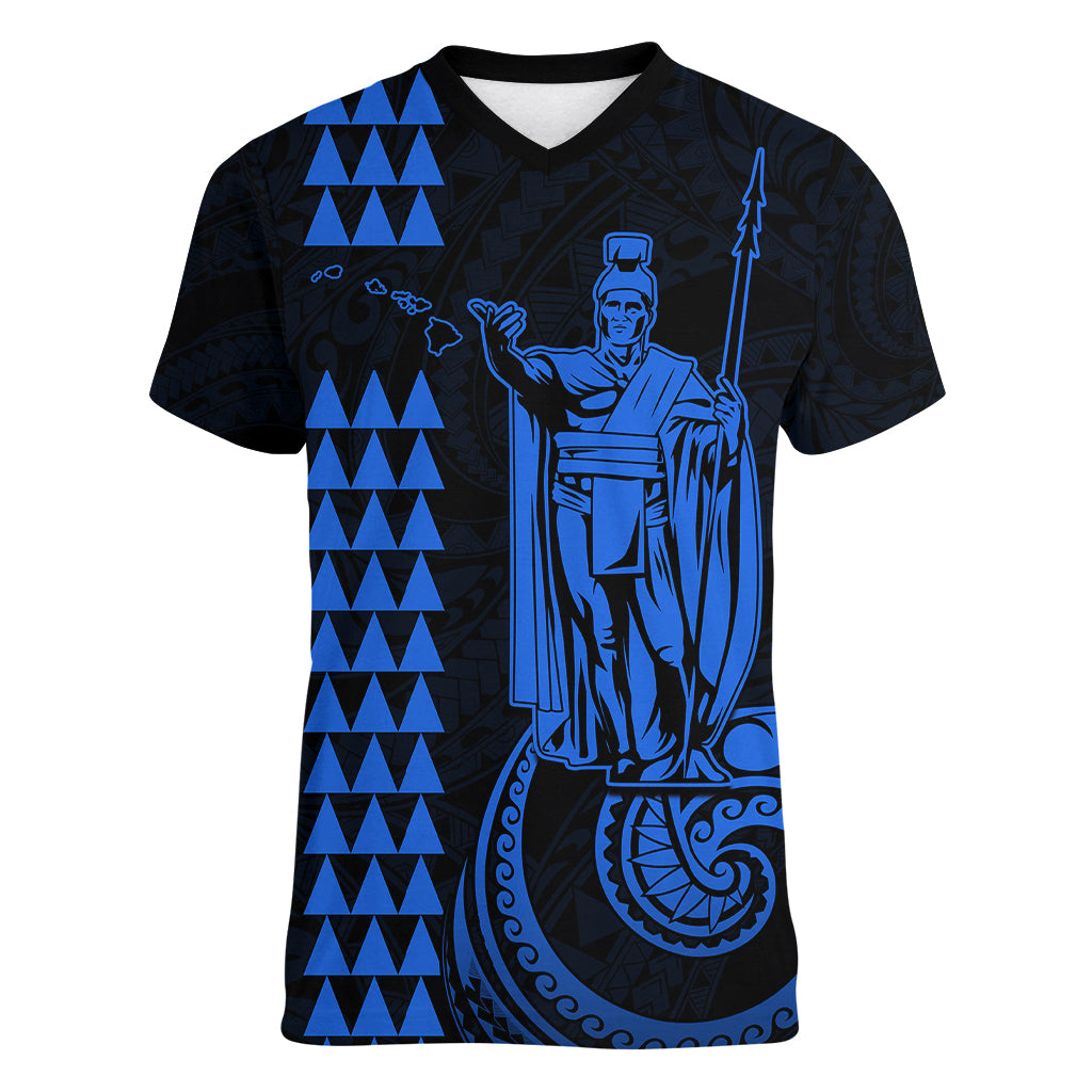 Custom Hawaii Women V Neck T Shirt King Kamehameha - Blue LT9 Female Blue - Polynesian Pride