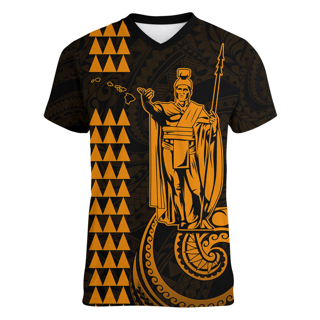 Custom Hawaii Women V Neck T Shirt King Kamehameha - Gold LT9 Female Gold - Polynesian Pride