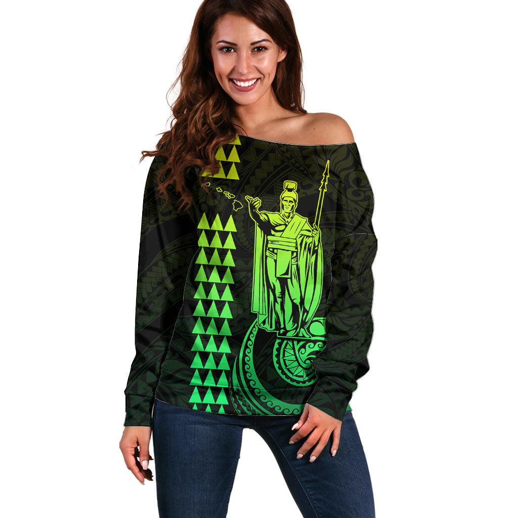 Custom Hawaii Off Shoulder Sweater King Kamehameha - Lime LT9 Women Lime - Polynesian Pride