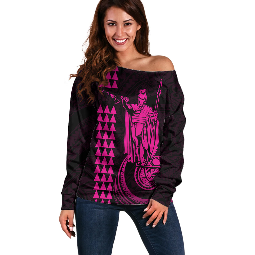 Custom Hawaii Off Shoulder Sweater King Kamehameha - Pink LT9 Women Pink - Polynesian Pride