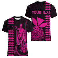 Custom Hawaii Women V Neck T Shirt King Kamehameha - Pink LT9 - Polynesian Pride