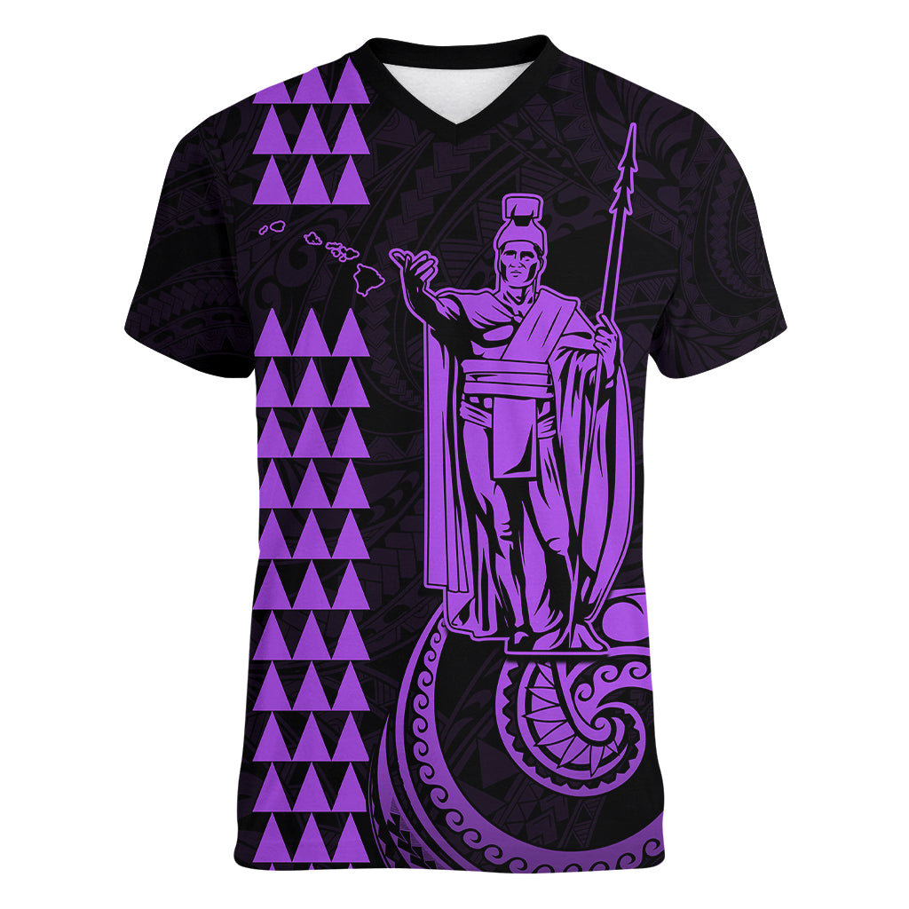 Custom Hawaii Women V Neck T Shirt King Kamehameha - Purple LT9 Female Purple - Polynesian Pride