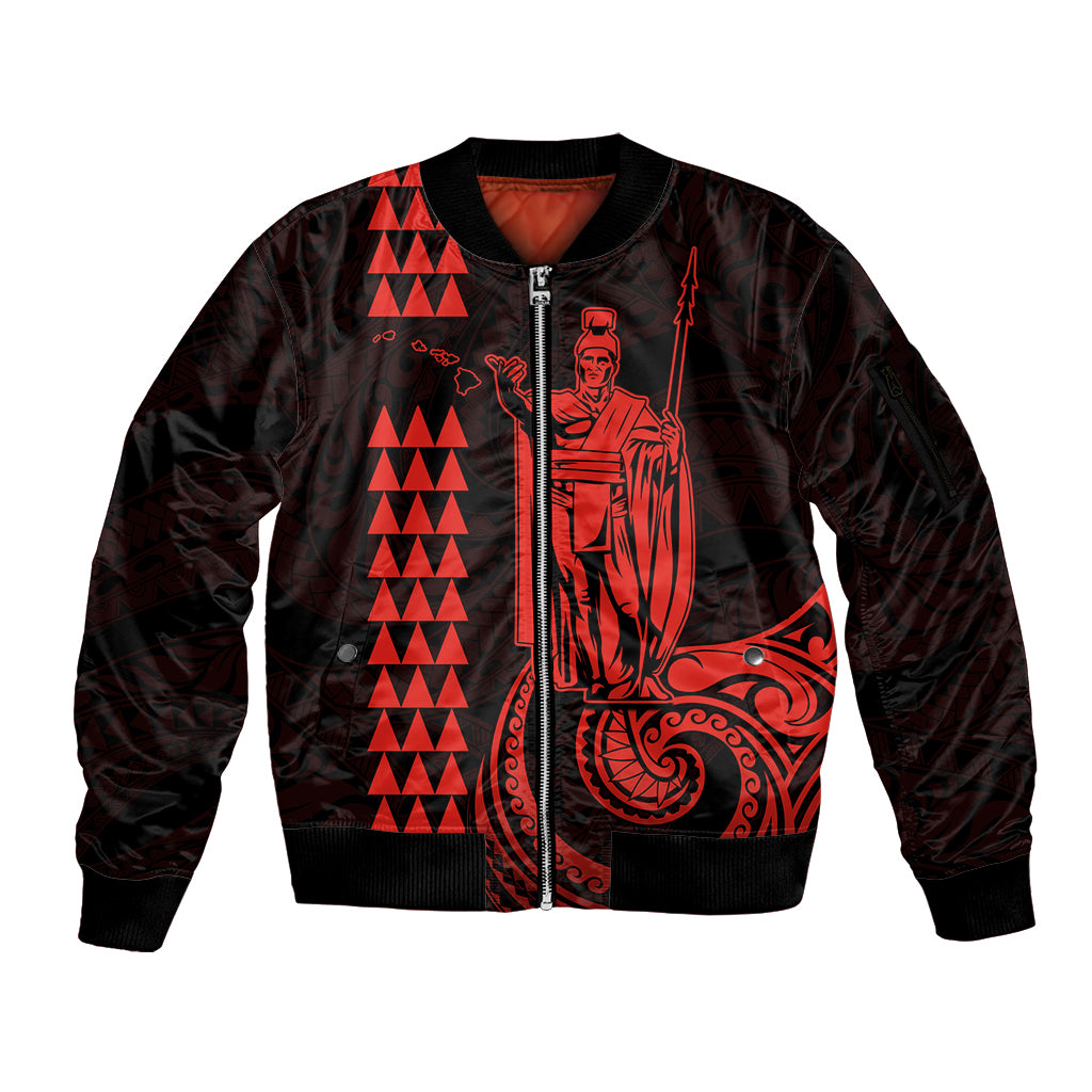 Custom Hawaii Sleeve Zip Bomber Jacket King Kamehameha - Red LT9 Unisex Red - Polynesian Pride