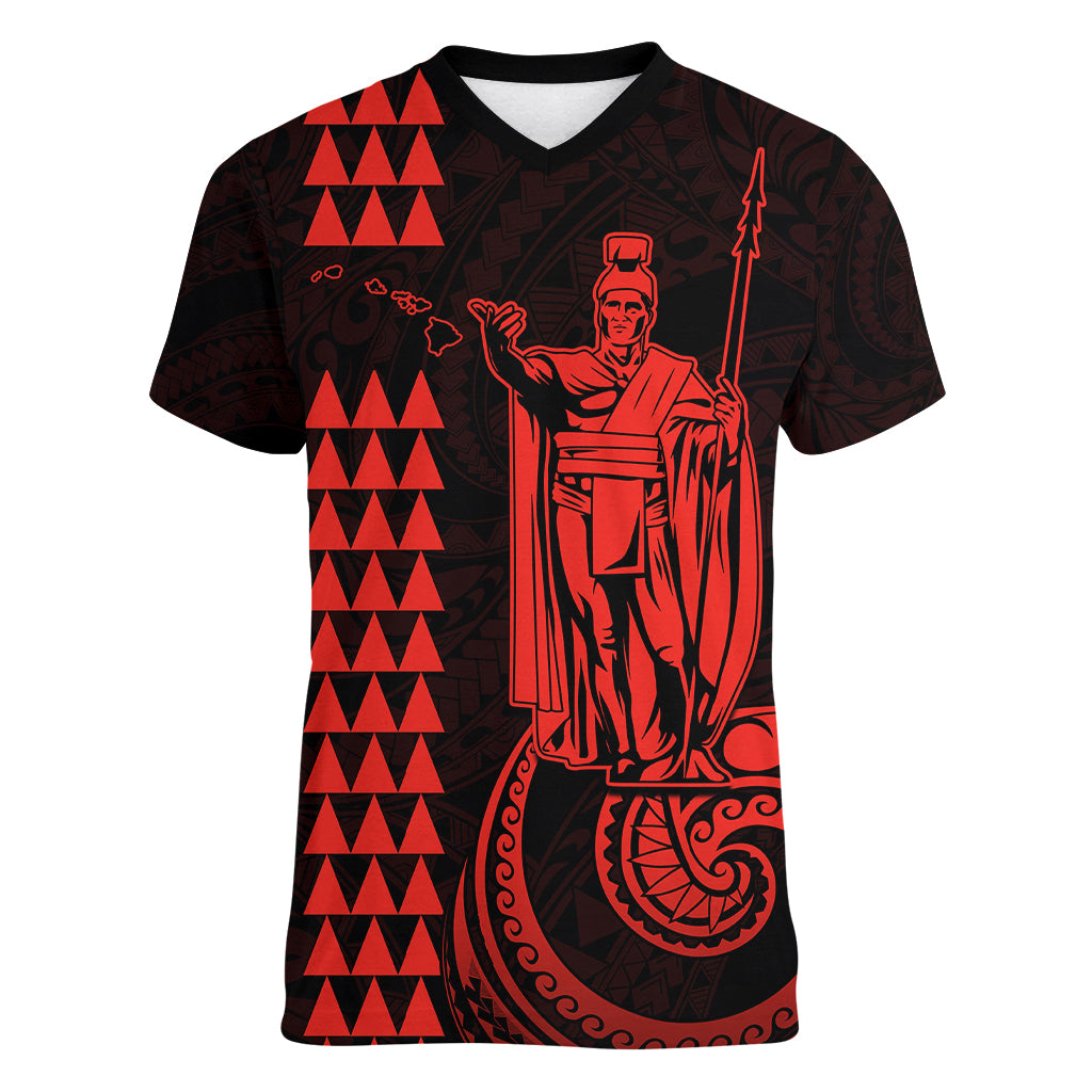 Custom Hawaii Women V Neck T Shirt King Kamehameha - Red LT9 Female Red - Polynesian Pride