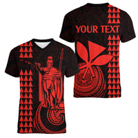 Custom Hawaii Women V Neck T Shirt King Kamehameha - Red LT9 - Polynesian Pride