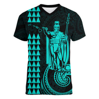 Custom Hawaii Women V Neck T Shirt King Kamehameha - Turquoise LT9 Female Turquoise - Polynesian Pride
