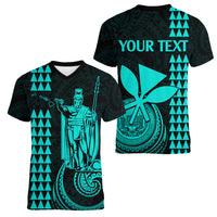 Custom Hawaii Women V Neck T Shirt King Kamehameha - Turquoise LT9 - Polynesian Pride
