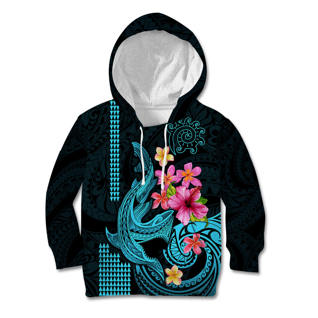 Custom Polynesian Kid Hoodie Hawaiian Warriors with Tribal Shark Tattoos - Blue LT9 Blue - Polynesian Pride