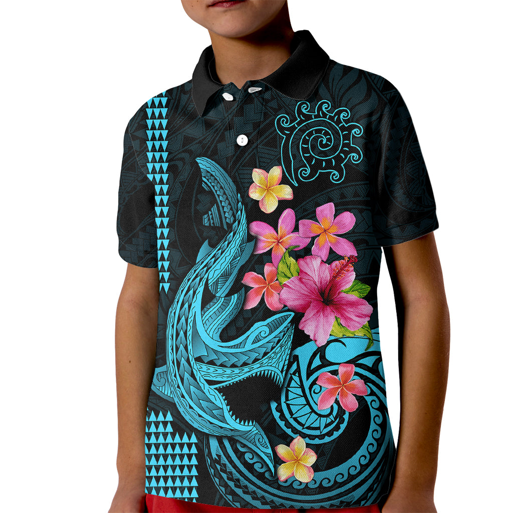 Custom Polynesian Kid Polo Shirt Hawaiian Warriors with Tribal Shark Tattoos - Blue LT9 Kid Blue - Polynesian Pride