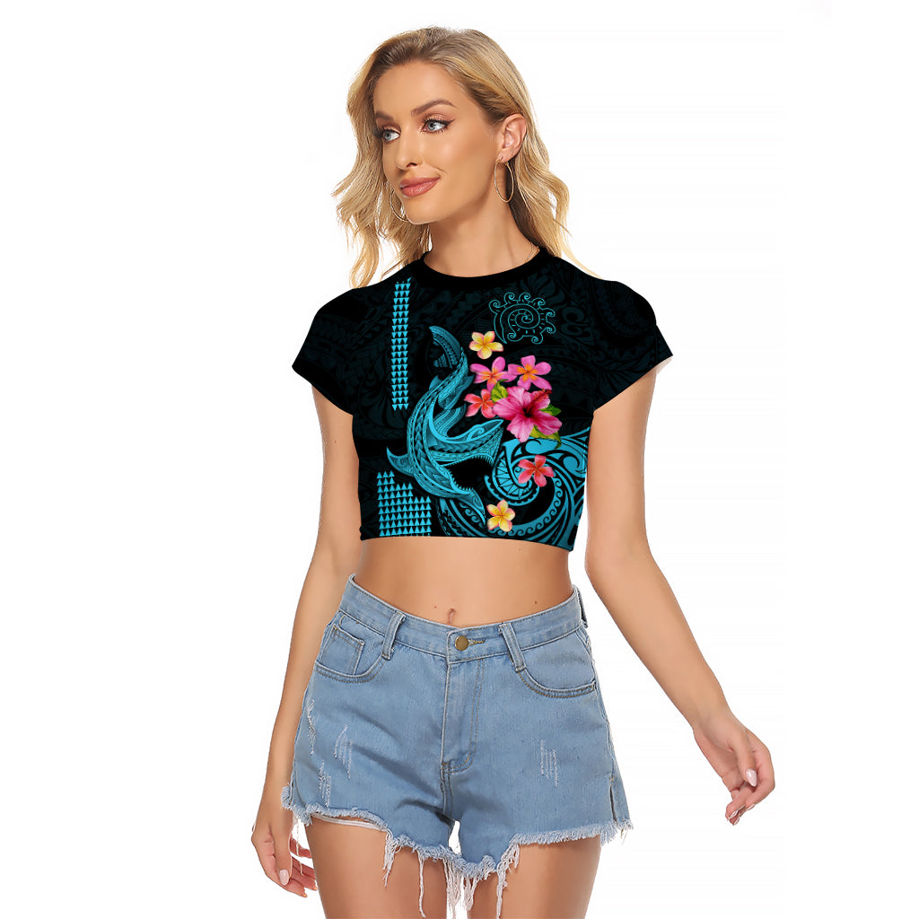 Custom Polynesian Raglan Cropped T Shirt Hawaiian Warriors with Tribal Shark Tattoos - Blue LT9 Female Blue - Polynesian Pride
