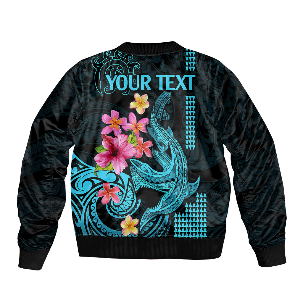 Custom Polynesian Sleeve Zip Bomber Jacket Hawaiian Warriors with Tribal Shark Tattoos - Blue LT9 - Polynesian Pride