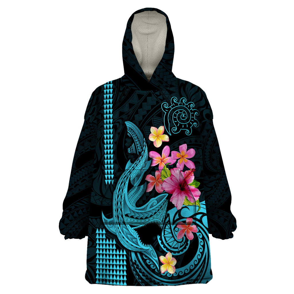 Custom Polynesian Wearable Blanket Hoodie Hawaiian Warriors with Tribal Shark Tattoos - Blue LT9 One Size Blue - Polynesian Pride