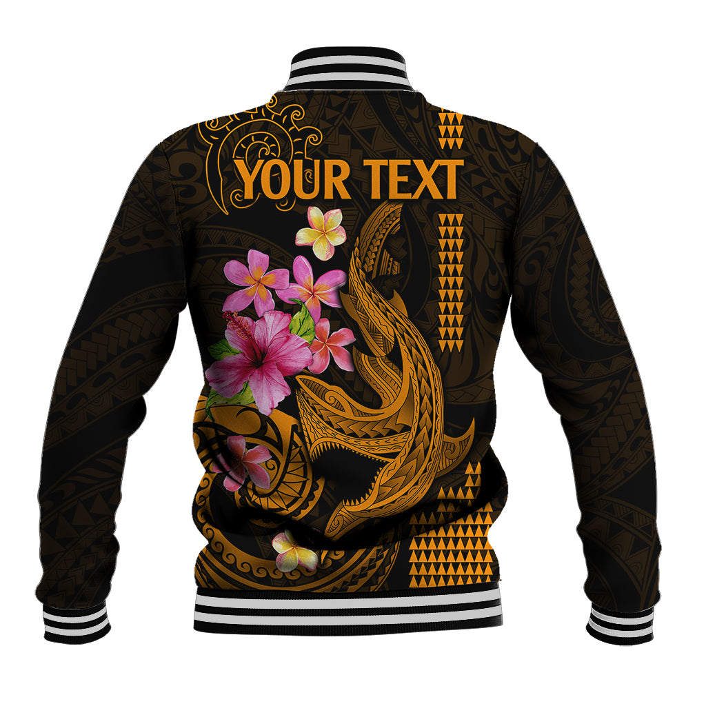 Custom Polynesian Baseball Jacket Hawaiian Warriors with Tribal Shark Tattoos - Gold LT9 - Polynesian Pride