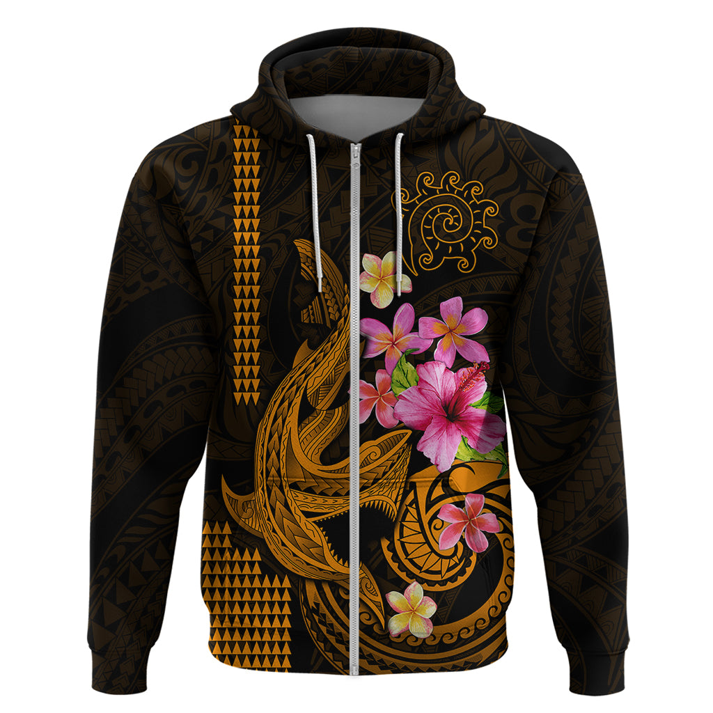 Custom Polynesian Hoodie Hawaiian Warriors with Tribal Shark Tattoos Gold LT9 Zip Hoodie Gold - Polynesian Pride