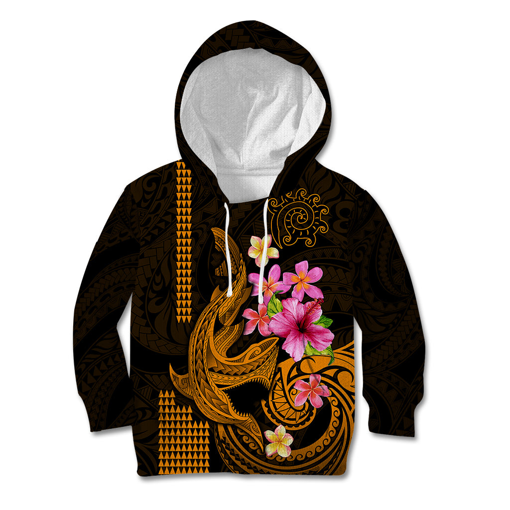 Custom Polynesian Kid Hoodie Hawaiian Warriors with Tribal Shark Tattoos - Gold LT9 Gold - Polynesian Pride