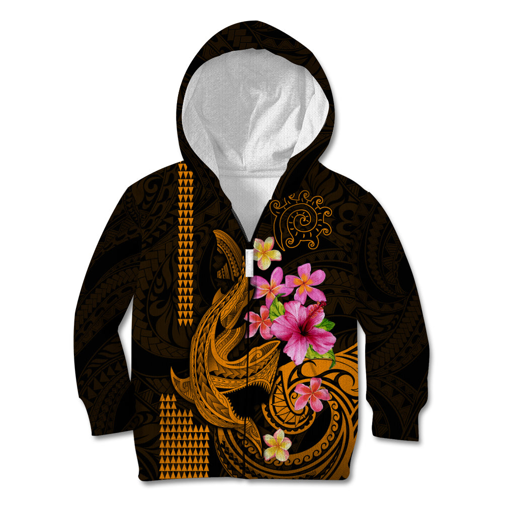 Custom Polynesian Kid Hoodie Hawaiian Warriors with Tribal Shark Tattoos - Gold LT9 - Polynesian Pride