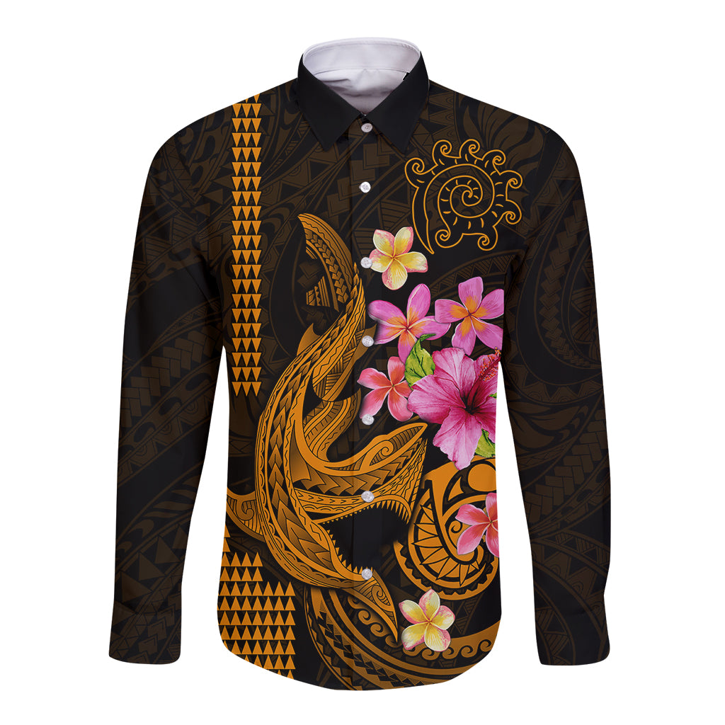 Custom Polynesian Long Sleeve Button Shirt Hawaiian Warriors with Tribal Shark Tattoos - Gold LT9 Unisex Gold - Polynesian Pride